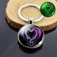 Luminous Heart Double Sides Glass Keychain Glow in the Dark Fire Dragon Swan Flower Photo Couple's Lover's Gifts Key Chain Rings