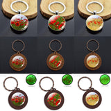 Beautiful Brown Color Wooden Keychain Poppy Flowers Pattern Wood Keyrings Glass Cabochon Pendant Men Women KeyChain Gift