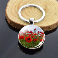 Beautiful Brown Color Wooden Keychain Poppy Flowers Pattern Wood Keyrings Glass Cabochon Pendant Men Women KeyChain Gift