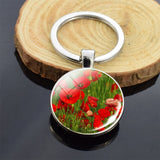 Beautiful Brown Color Wooden Keychain Poppy Flowers Pattern Wood Keyrings Glass Cabochon Pendant Men Women KeyChain Gift