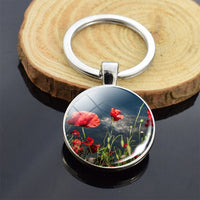 Beautiful Brown Color Wooden Keychain Poppy Flowers Pattern Wood Keyrings Glass Cabochon Pendant Men Women KeyChain Gift