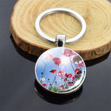 Beautiful Brown Color Wooden Keychain Poppy Flowers Pattern Wood Keyrings Glass Cabochon Pendant Men Women KeyChain Gift