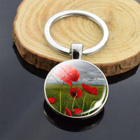 Beautiful Brown Color Wooden Keychain Poppy Flowers Pattern Wood Keyrings Glass Cabochon Pendant Men Women KeyChain Gift