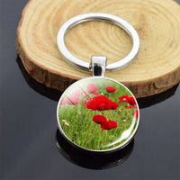 Beautiful Brown Color Wooden Keychain Poppy Flowers Pattern Wood Keyrings Glass Cabochon Pendant Men Women KeyChain Gift