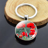 Beautiful Brown Color Wooden Keychain Poppy Flowers Pattern Wood Keyrings Glass Cabochon Pendant Men Women KeyChain Gift