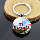 Beautiful Brown Color Wooden Keychain Poppy Flowers Pattern Wood Keyrings Glass Cabochon Pendant Men Women KeyChain Gift