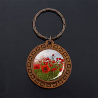 Beautiful Brown Color Wooden Keychain Poppy Flowers Pattern Wood Keyrings Glass Cabochon Pendant Men Women KeyChain Gift