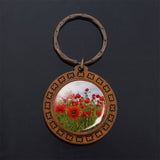 Beautiful Brown Color Wooden Keychain Poppy Flowers Pattern Wood Keyrings Glass Cabochon Pendant Men Women KeyChain Gift