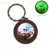 Beautiful Brown Color Wooden Keychain Poppy Flowers Pattern Wood Keyrings Glass Cabochon Pendant Men Women KeyChain Gift