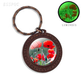 Beautiful Brown Color Wooden Keychain Poppy Flowers Pattern Wood Keyrings Glass Cabochon Pendant Men Women KeyChain Gift