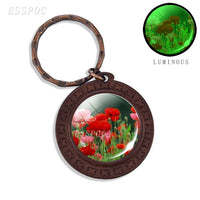 Beautiful Brown Color Wooden Keychain Poppy Flowers Pattern Wood Keyrings Glass Cabochon Pendant Men Women KeyChain Gift