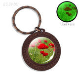 Beautiful Brown Color Wooden Keychain Poppy Flowers Pattern Wood Keyrings Glass Cabochon Pendant Men Women KeyChain Gift