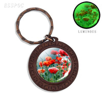 Beautiful Brown Color Wooden Keychain Poppy Flowers Pattern Wood Keyrings Glass Cabochon Pendant Men Women KeyChain Gift