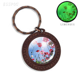 Beautiful Brown Color Wooden Keychain Poppy Flowers Pattern Wood Keyrings Glass Cabochon Pendant Men Women KeyChain Gift