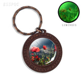 Beautiful Brown Color Wooden Keychain Poppy Flowers Pattern Wood Keyrings Glass Cabochon Pendant Men Women KeyChain Gift