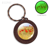 Beautiful Brown Color Wooden Keychain Poppy Flowers Pattern Wood Keyrings Glass Cabochon Pendant Men Women KeyChain Gift