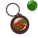 Beautiful Brown Color Wooden Keychain Poppy Flowers Pattern Wood Keyrings Glass Cabochon Pendant Men Women KeyChain Gift