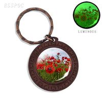 Beautiful Brown Color Wooden Keychain Poppy Flowers Pattern Wood Keyrings Glass Cabochon Pendant Men Women KeyChain Gift