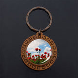 Beautiful Brown Color Wooden Keychain Poppy Flowers Pattern Wood Keyrings Glass Cabochon Pendant Men Women KeyChain Gift