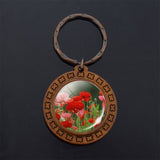 Beautiful Brown Color Wooden Keychain Poppy Flowers Pattern Wood Keyrings Glass Cabochon Pendant Men Women KeyChain Gift