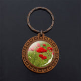 Beautiful Brown Color Wooden Keychain Poppy Flowers Pattern Wood Keyrings Glass Cabochon Pendant Men Women KeyChain Gift