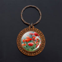 Beautiful Brown Color Wooden Keychain Poppy Flowers Pattern Wood Keyrings Glass Cabochon Pendant Men Women KeyChain Gift