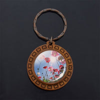 Beautiful Brown Color Wooden Keychain Poppy Flowers Pattern Wood Keyrings Glass Cabochon Pendant Men Women KeyChain Gift