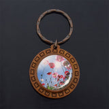 Beautiful Brown Color Wooden Keychain Poppy Flowers Pattern Wood Keyrings Glass Cabochon Pendant Men Women KeyChain Gift