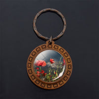 Beautiful Brown Color Wooden Keychain Poppy Flowers Pattern Wood Keyrings Glass Cabochon Pendant Men Women KeyChain Gift