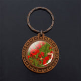 Beautiful Brown Color Wooden Keychain Poppy Flowers Pattern Wood Keyrings Glass Cabochon Pendant Men Women KeyChain Gift