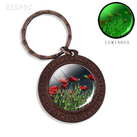 Beautiful Brown Color Wooden Keychain Poppy Flowers Pattern Wood Keyrings Glass Cabochon Pendant Men Women KeyChain Gift