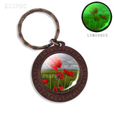 Beautiful Brown Color Wooden Keychain Poppy Flowers Pattern Wood Keyrings Glass Cabochon Pendant Men Women KeyChain Gift