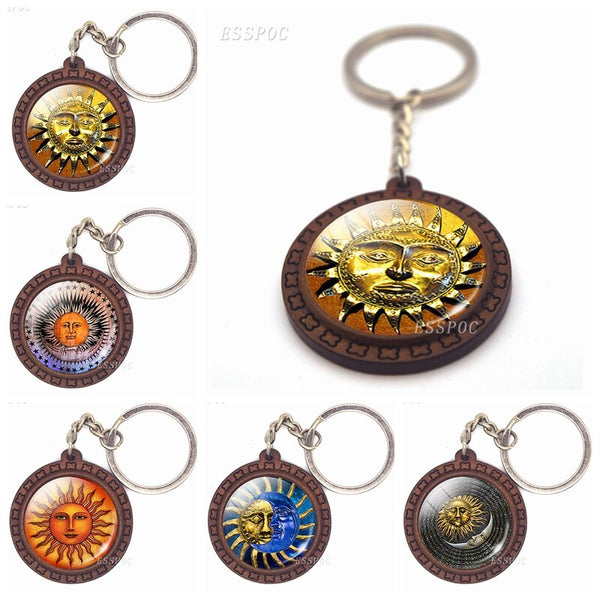 Vintage Ethnic Sun and Moon Glass Cabochon Pendant Wooden Keychain Retro Christmas Gifts Accessories for Women