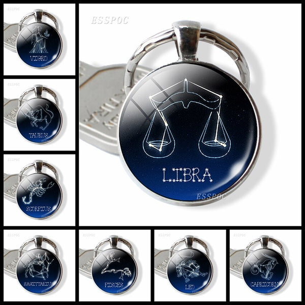 Leo Aries Virgo Key Chain 12 Constellation Zodiac Sign Pendant Keychains Glass Cabochon Keyring Gift for Women Gifts