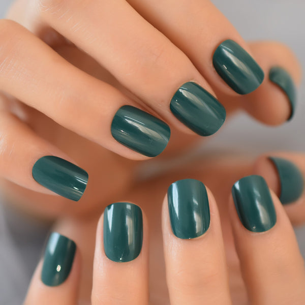 24 Pieces Press On Nails French Tip Short Acrylic Fake Nails Dark Green Squoval UV Light Nails With Glue Sticker Salon Home