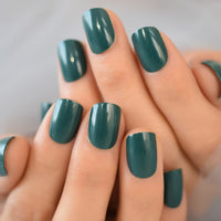 24 Pieces Press On Nails French Tip Short Acrylic Fake Nails Dark Green Squoval UV Light Nails With Glue Sticker Salon Home