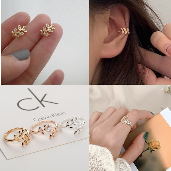 Fashion Gold Leaf Clip Earring Ring For Women Without Piercing Puck Rock Vintage Crystal Ear Cuff Girls Jewerly Gifts