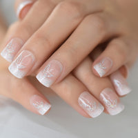 Pearl Shine Pink French Nail White Round Fake Nails Short Glossy Satin Artificial Lady Fingernails with Adhesive