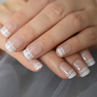 Pearl Shine Pink French Nail White Round Fake Nails Short Glossy Satin Artificial Lady Fingernails with Adhesive