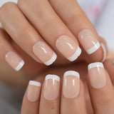 Pearl Shine Pink French Nail White Round Fake Nails Short Glossy Satin Artificial Lady Fingernails with Adhesive