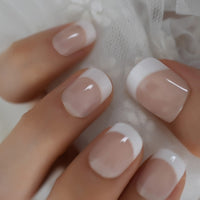 Salon Acrylic French Nails Short Length Ombre Round French Tips Glitter Pattern White Thin False Nail 24 Ct