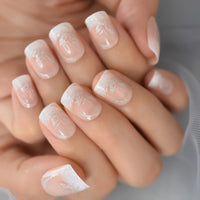 Salon Acrylic French Nails Short Length Ombre Round French Tips Glitter Pattern White Thin False Nail 24 Ct