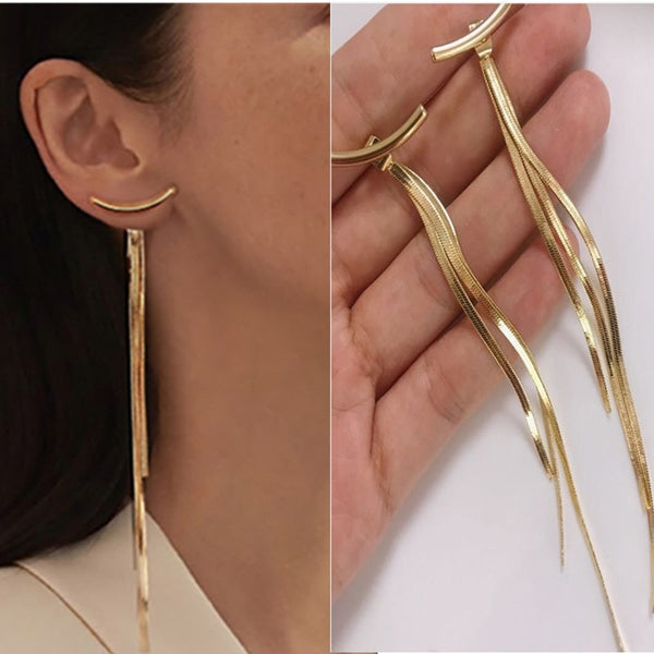 Vintage Gold Color Bar Long Thread Tassel Drop Earrings for Women Glossy Arc Geometric Korean Fashion Jewelry Dropshipping 2021