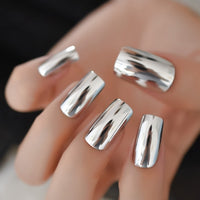 Shine Rock Style Mirror Light Fake Nail Patch Metal Plating Press On Nail Artificial Tip Light Blue Metallic Hard Nail Stuff