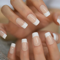 Classical Normal Size French Nail Nude White Tip Glossy Press On Fingernals for daily with glue sticker 24