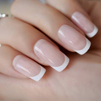 Classical Normal Size French Nail Nude White Tip Glossy Press On Fingernals for daily with glue sticker 24