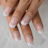 Salon Acrylic French Nails Short Length Ombre Round French Tips Glitter Pattern White Thin False Nail 24 Ct