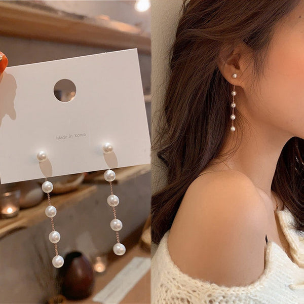 New Trendy Fairy Simulated Pearl Women Long Earrings White Round Pearl Wedding Pendant Earrings Korean Fashion Jewelry Earrings