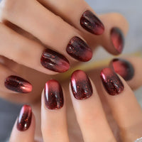 Retro Dark Red False Nails Medium Length Oval Press On Nail Tips Glitter Galaxy Nail Art with Adhesive Tape