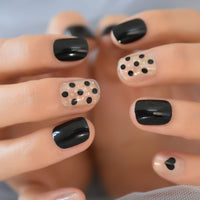 Black Round Tips False Nails Heart Speckle Decorative Clear Thin Gel Coating Fake Nail With Adhesive Sticker